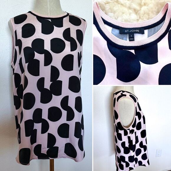 ST. JOHN DOT PRINT STRETCH SILK SHELL IN BLUSH CAVIAR - Picture 1 of 5